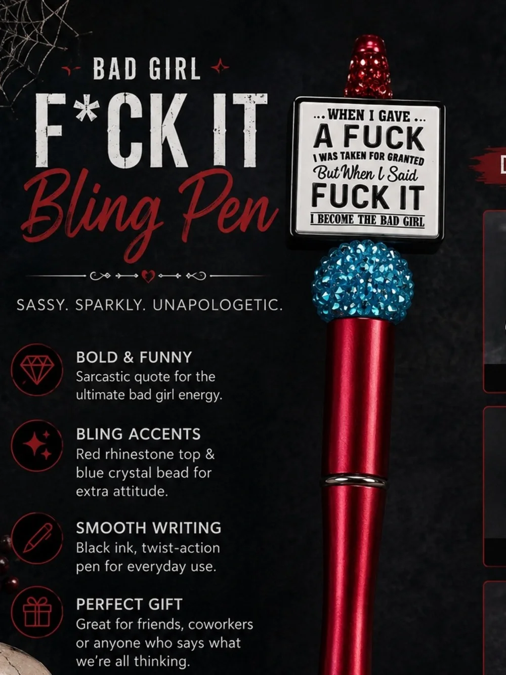 Hand Crafted Red Bling Pen with Blue Crystal Accents